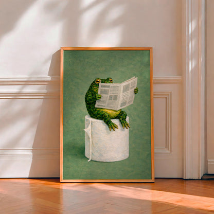 Funny Frog Bathroom Canvas Art, Frog Reading on Toilet,