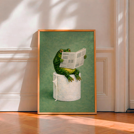 Funny Frog Bathroom Canvas Art, Frog Reading on Toilet,