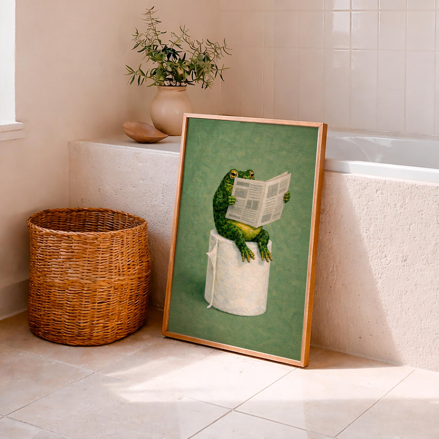 Funny Frog Bathroom Canvas Art, Frog Reading on Toilet,