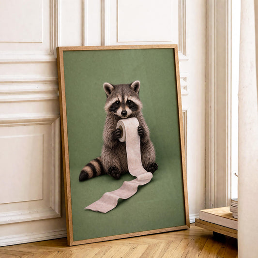 Funny Raccoon Bathroom Canvas Art, Raccoon Reading on Toilet