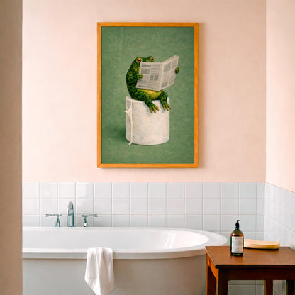 Funny Frog Bathroom Canvas Art, Frog Reading on Toilet,