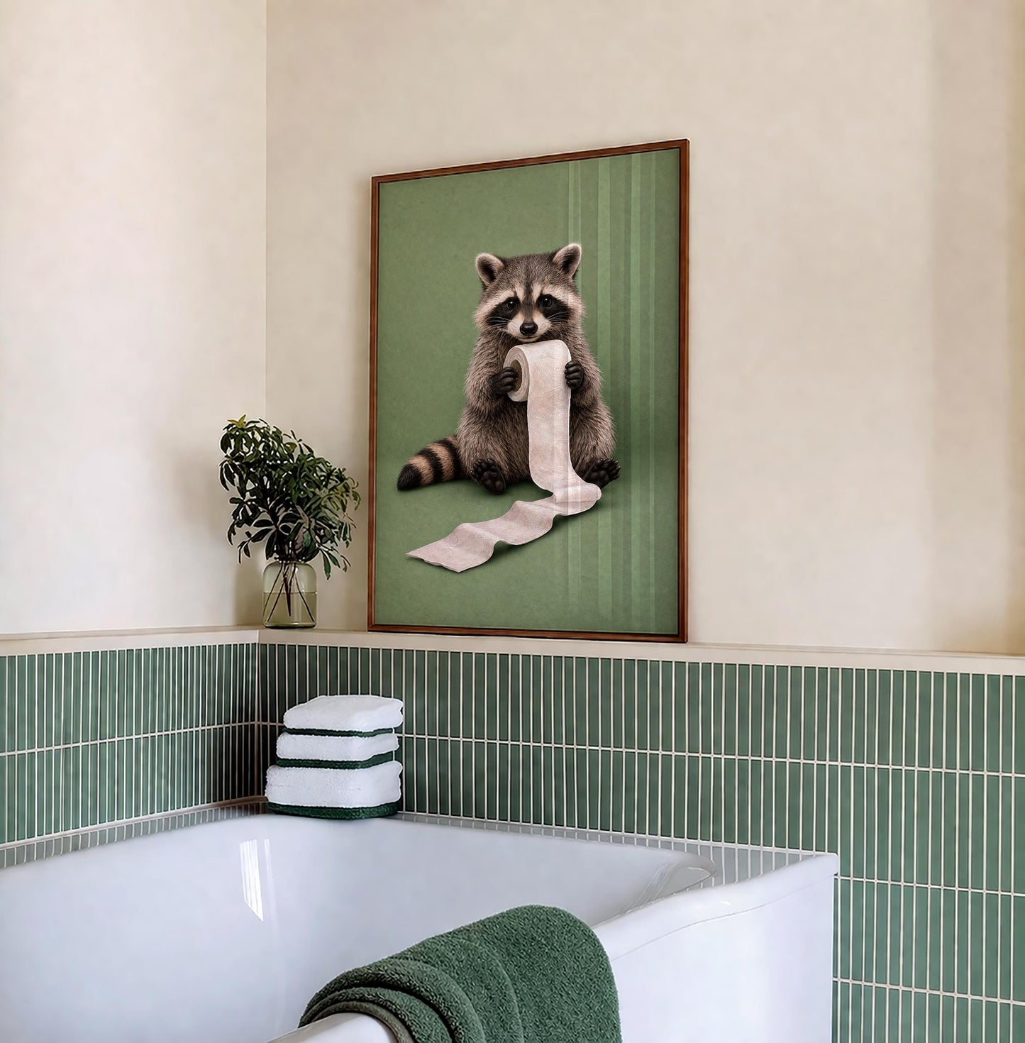 Funny Raccoon Bathroom Canvas Art, Raccoon Reading on Toilet