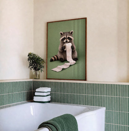 Funny Raccoon Bathroom Canvas Art, Raccoon Reading on Toilet
