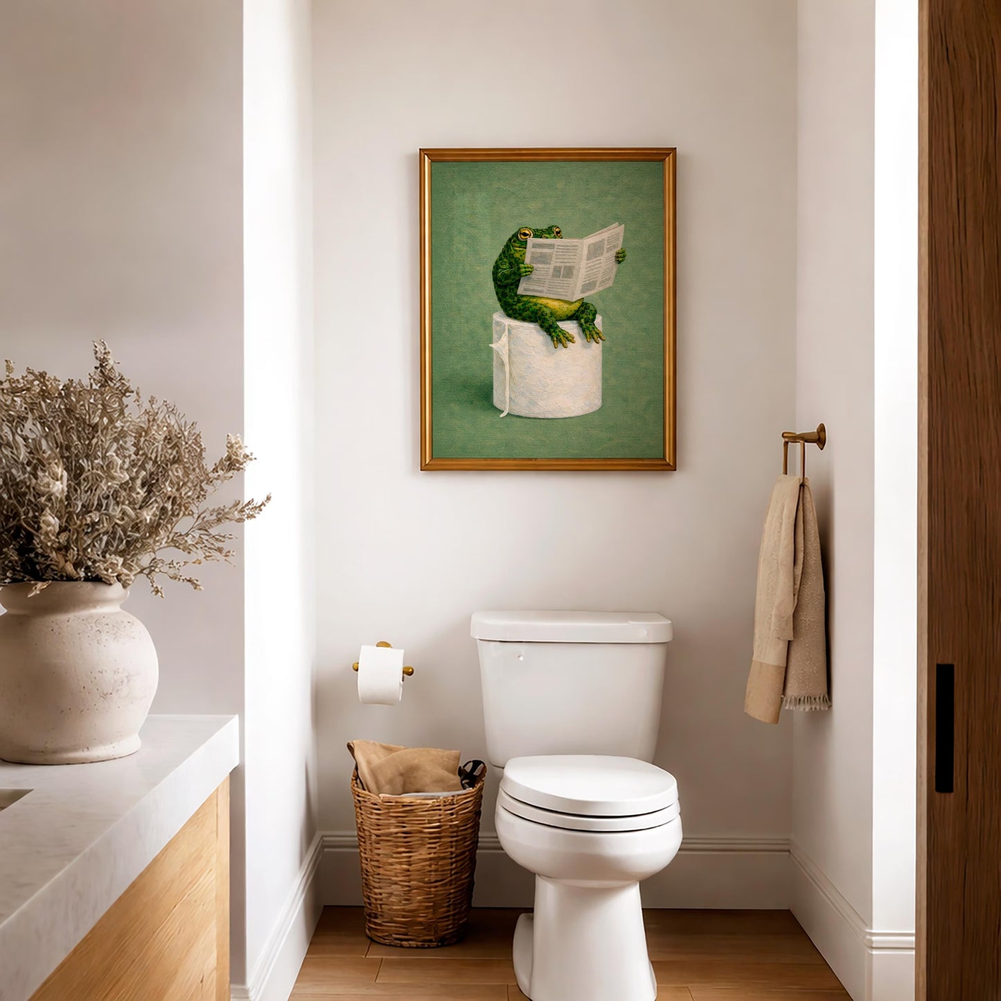 Funny Frog Bathroom Canvas Art, Frog Reading on Toilet,