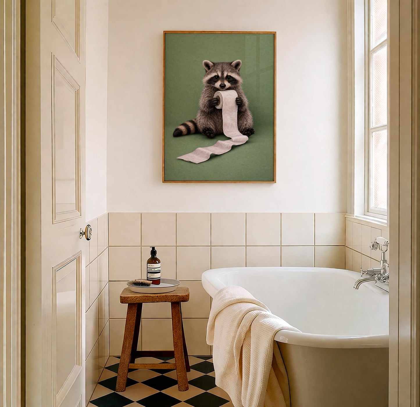 Funny Raccoon Bathroom Canvas Art, Raccoon Reading on Toilet