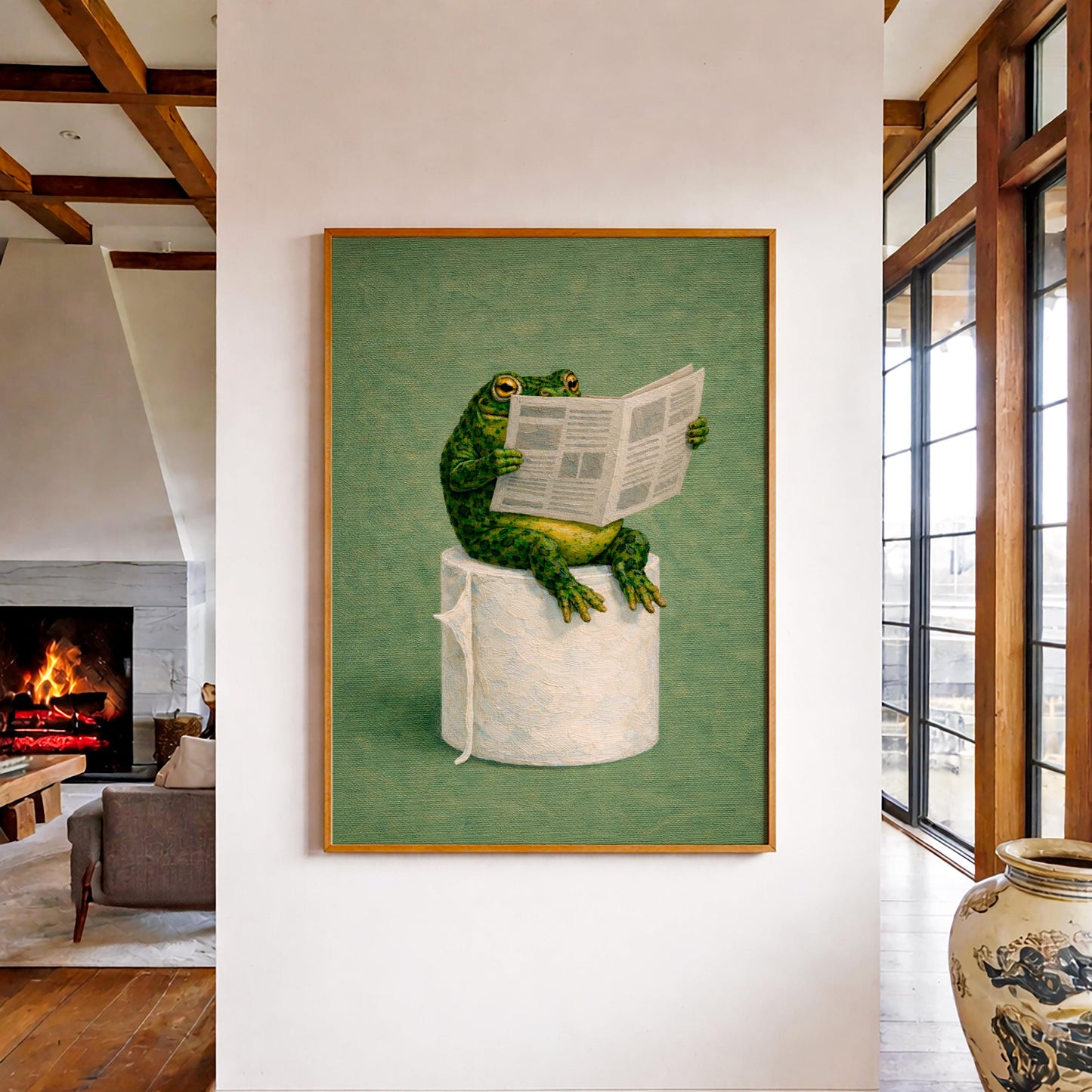 Funny Frog Bathroom Canvas Art, Frog Reading on Toilet,