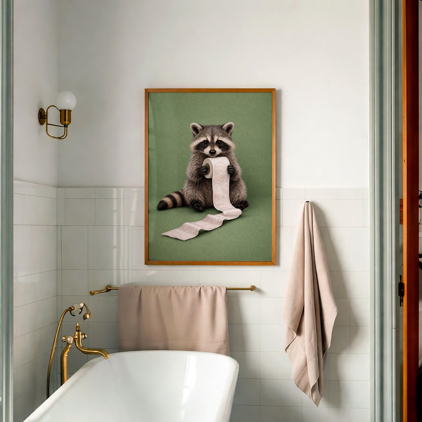 Funny Raccoon Bathroom Canvas Art, Raccoon Reading on Toilet