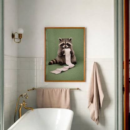 Funny Raccoon Bathroom Canvas Art, Raccoon Reading on Toilet