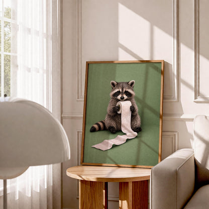 Funny Raccoon Bathroom Canvas Art, Raccoon Reading on Toilet