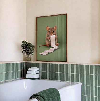 Funny Mouse Bathroom Canvas Art , Toilet Reading Print