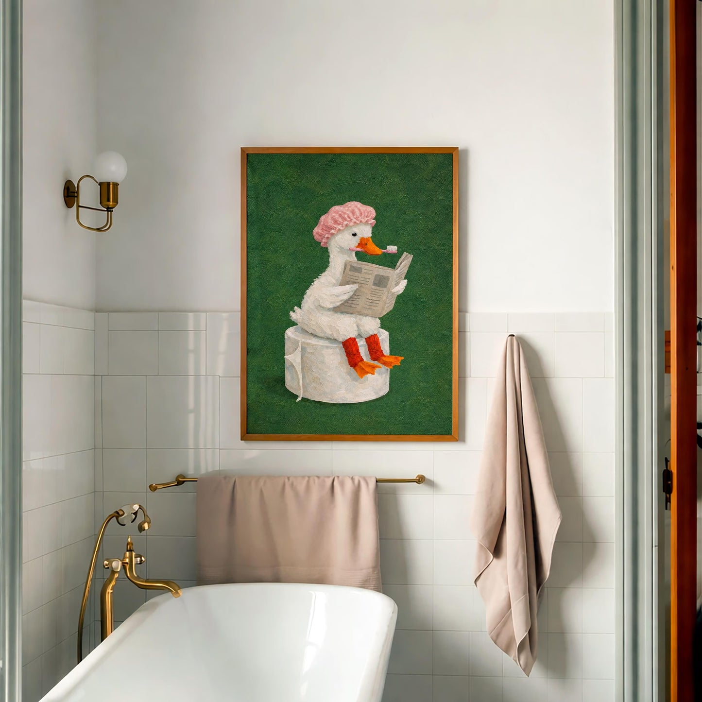 Funny Duck Bathroom Canvas Art , Humorous Animal Toilet Wall Decor